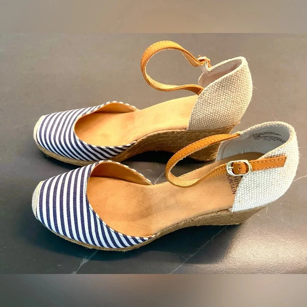 White Mountain Mamba Wedge Espadrille Blue/White Stripe Leather Ankle Strap 11 M